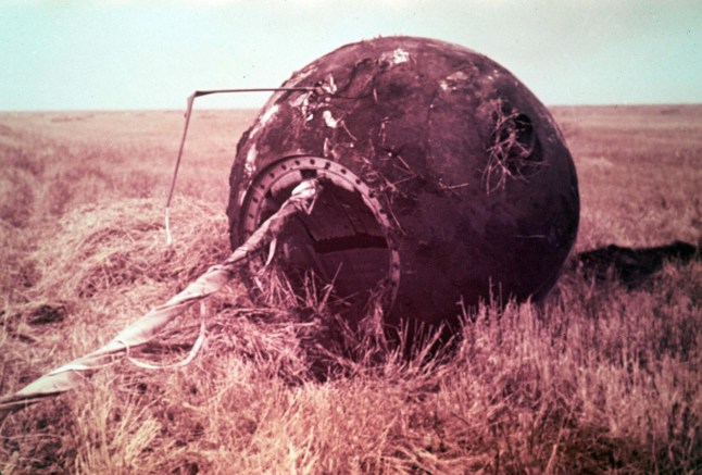 Mandatory Credit: Photo by REX/Shutterstock (216661bs) YURI GAGARIN - LANDING APPARATUS OF VOSTOK,- SARATOV REGION, RUSSIA - APR 1961 HISTORY OF THE RUSSIAN SPACE PROGRAMME