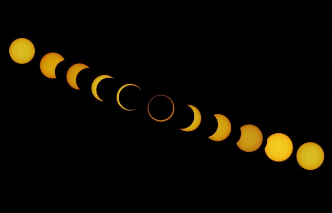TOPSHOT - This combination of pictures shows different stages of the solar eclipse as seen from Easter Island in the Pacific Ocean, Chile, on October 2, 2024. (Photo by JONATHAN MARTINS / AFP) (Photo by JONATHAN MARTINS/AFP via Getty Images)