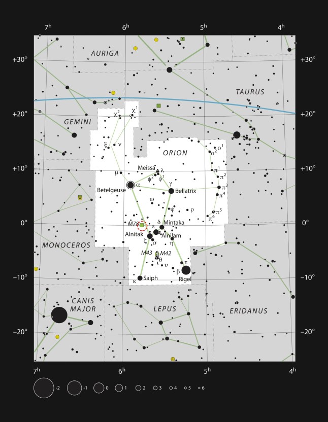 This chart shows the location of the nascent star HOPS-315 in the constellation Orion. This map shows most of the stars visible to the unaided eye under good conditions. The location of the star itself is marked with a red circle.